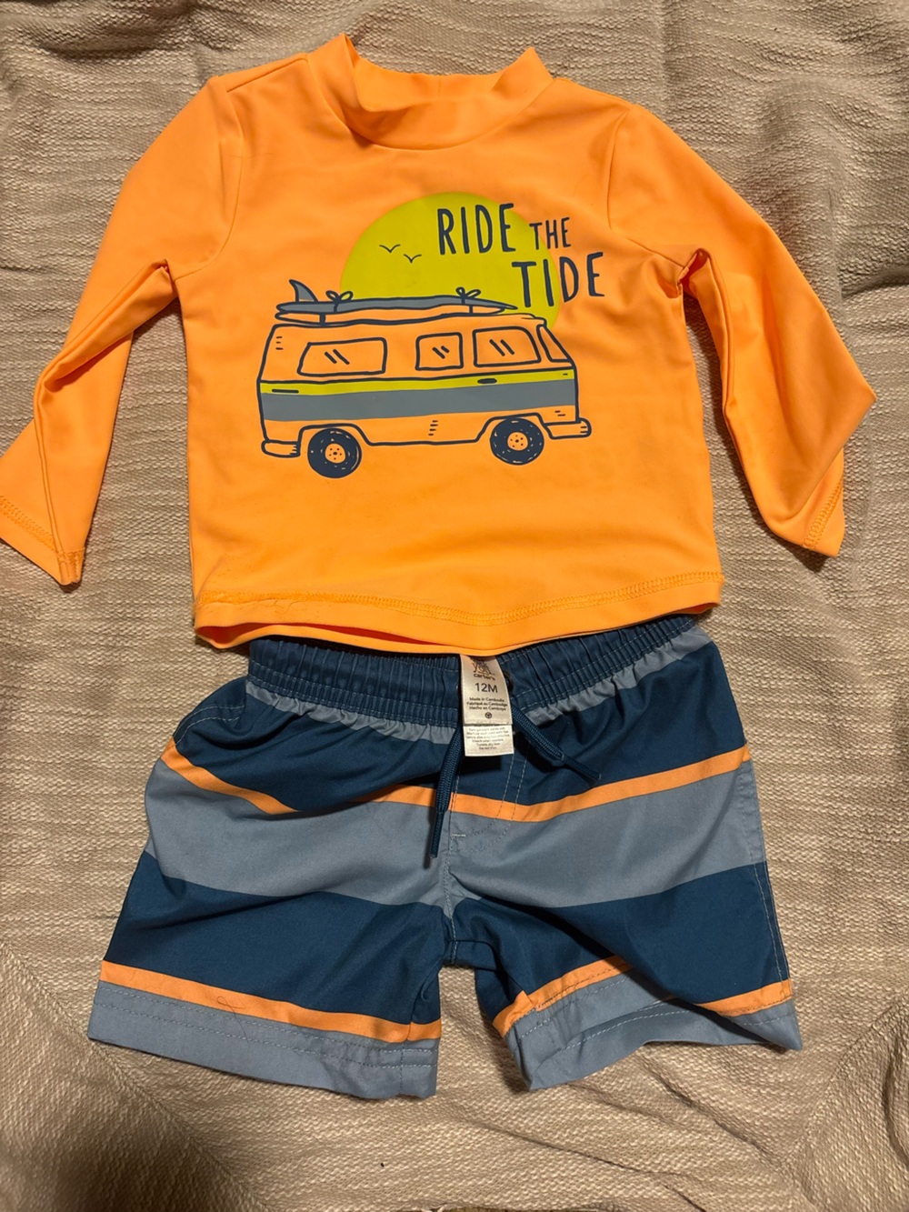 Carter's Blue and Navy Toddler Swim Shorts and Swim Shirt Set 12 months